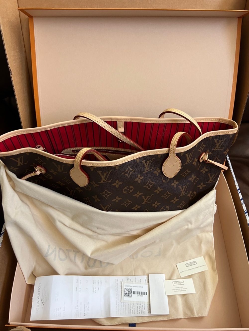 Louis Vuitton MM Monogram Neverfull Tote with Red Interior Trim